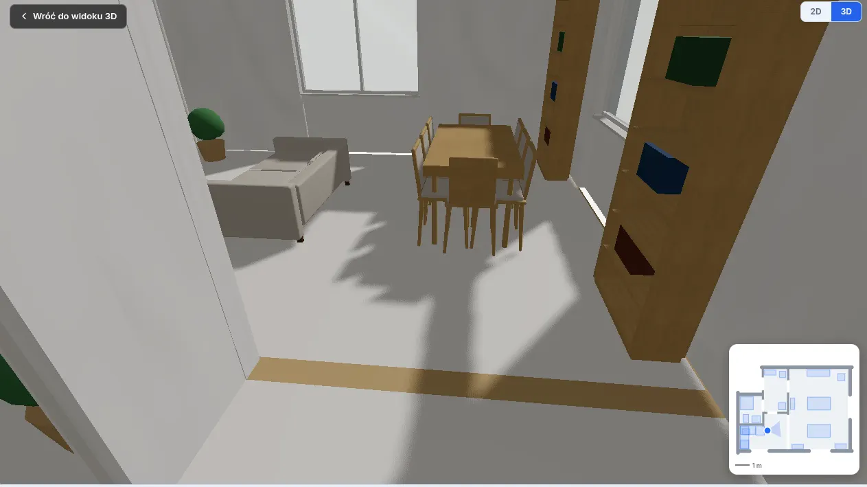 Spacer 3D w PlanM: widok z poziomu oczu na salon z sofą i stołem, w rogu mini-mapa z aktualną pozycją